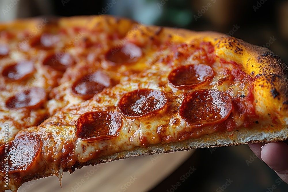 A close-up of a slice of pepperoni pizza being held, showcasing its toppings and crust. A close-up of a slice of pepperoni pizza being held, showcasing its toppings and crust.