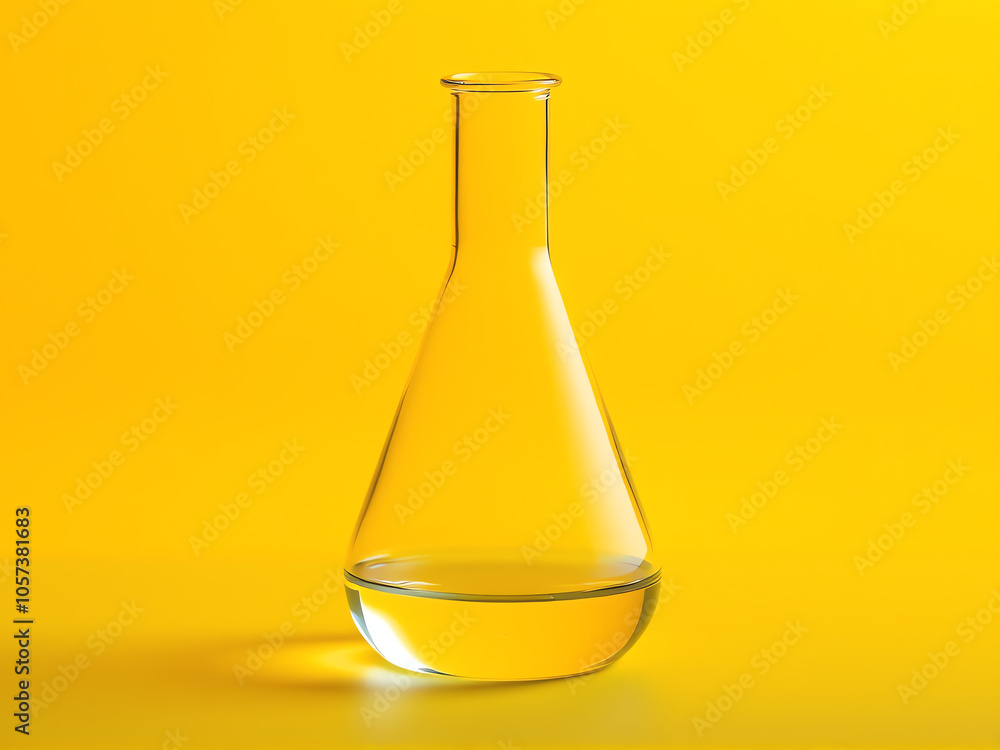 glass flask containing liquid, set against a matching yellow background, creating a harmonious visual effect glass flask containing liquid, set against a matching yellow background, creating a harmonious visual effect