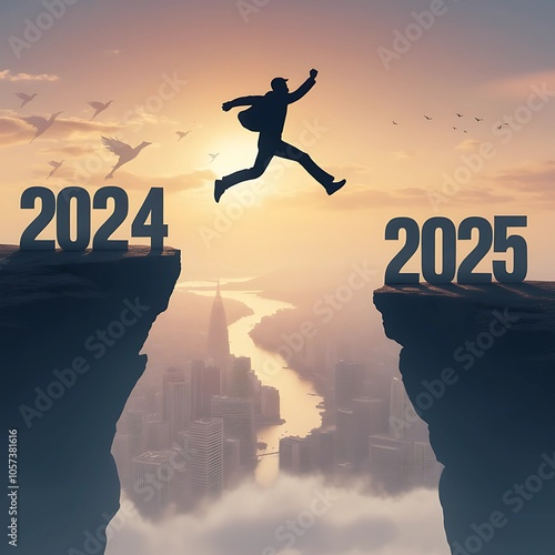 Happy new year 2025, Silhouette Man jumping from 2024 cliff to 2025 photo