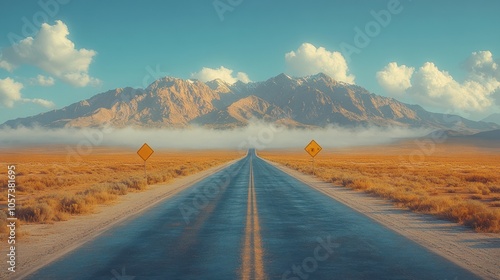 A long, straight road leads towards snow-capped mountains under a blue sky with wispy clouds.