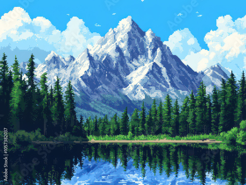 Stunning pixel art mountain landscape with evergreen trees and a clear reflective lake under a bright blue sky.