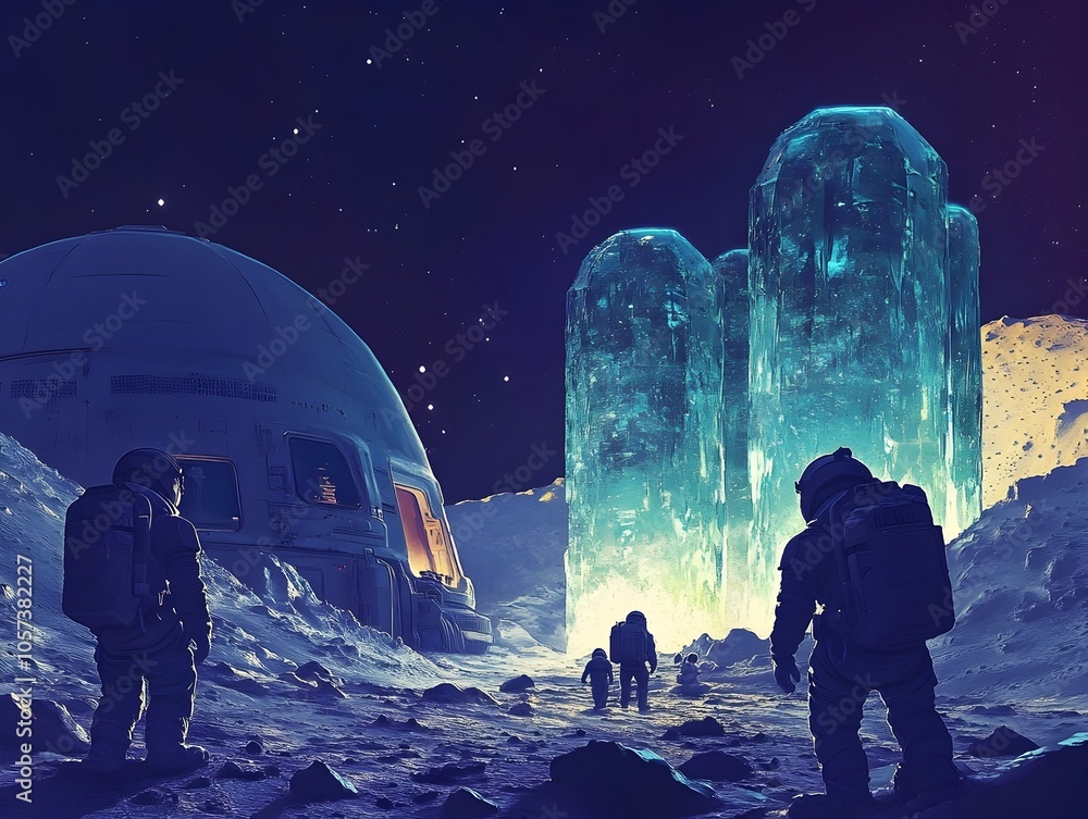 Obraz premium Retro Sci Fi Lunar Poster with Alien Architecture and Crystal Formations