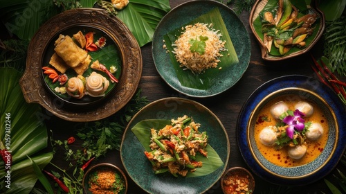 Elegant Thai royal cuisine, vibrant colors and intricate presentation,