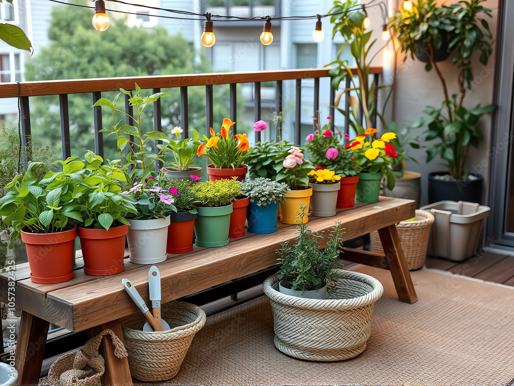 Fototapeta premium vibrant balcony adorned with various pots of colorful flowers and lush green plants, creating a lively atmosphere