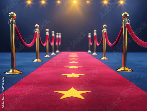 Elegant red carpet with golden stars under bright lights, symbolizing fame and glamour. photo