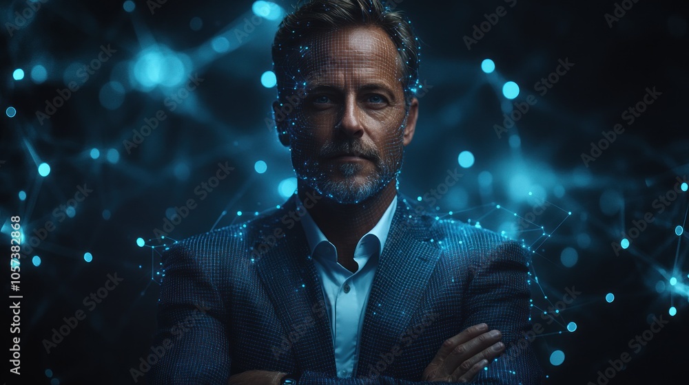 A man in a suit stands confidently amidst a digital network of glowing connections. A man in a suit stands confidently amidst a digital network of glowing connections.