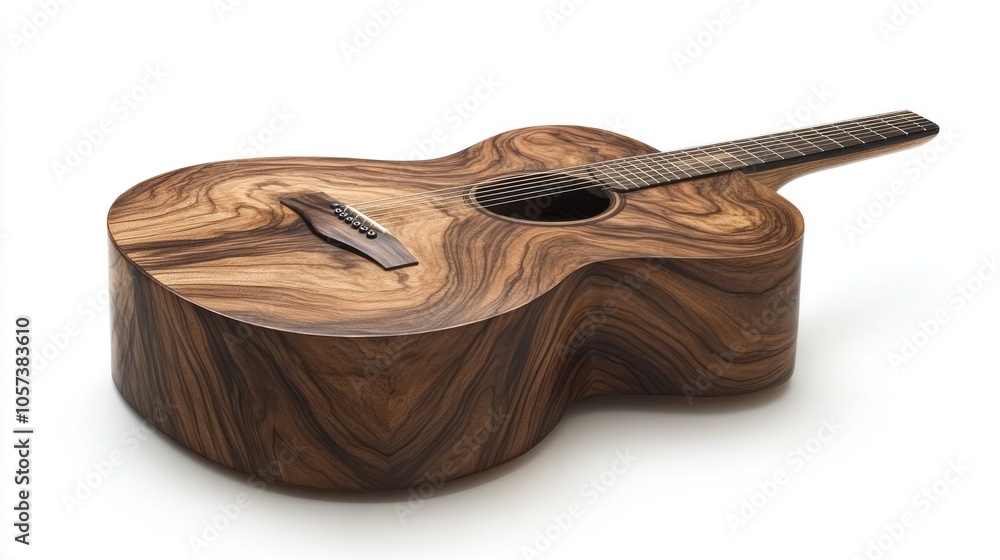 A wooden acoustic guitar with a brown, swirling wood grain pattern on a white background. A wooden acoustic guitar with a brown, swirling wood grain pattern on a white background.