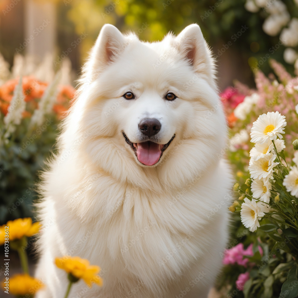 Fototapeta premium A pristine white Samoyed dog sits proudly amidst a vibrant array of flowers in a sun-drenched garden.