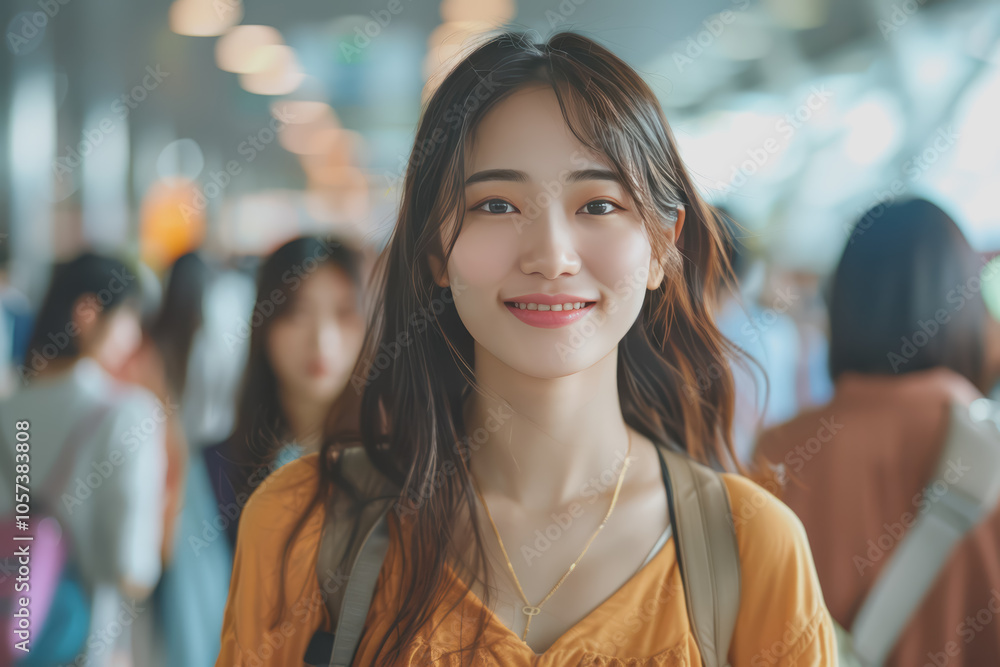 An Asian female passenger happily walks into the airport terminal towards the boarding gate. An Asian female passenger happily walks into the airport terminal towards the boarding gate.