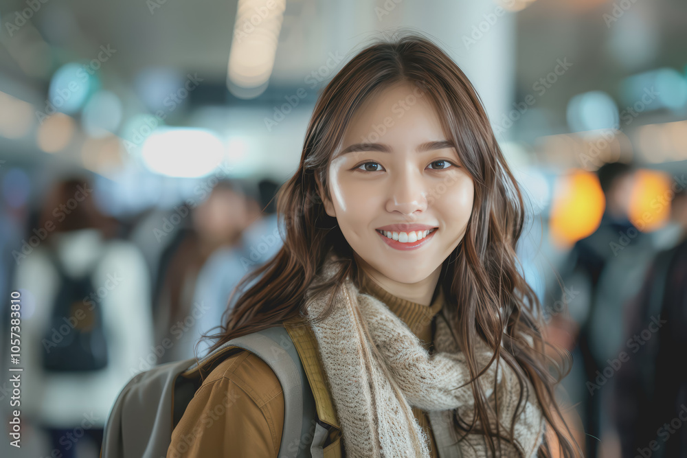 An Asian female passenger happily walks into the airport terminal towards the boarding gate. An Asian female passenger happily walks into the airport terminal towards the boarding gate.