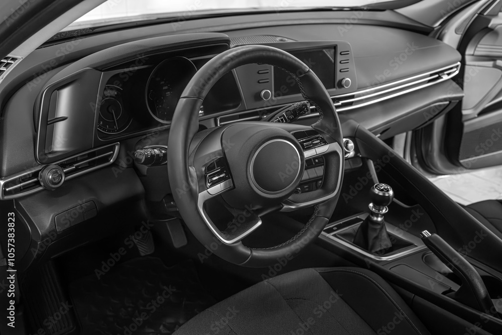 Modern car interior. Car interior and dashboard with gearbox.