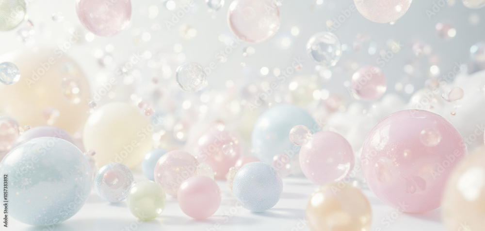Soft pastel bubbles floating on white background with airy design Soft pastel bubbles floating on white background with airy design