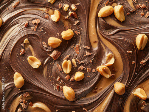Smooth swirls of chocolate and peanut butter topped with crunchy peanuts and chocolate shavings.