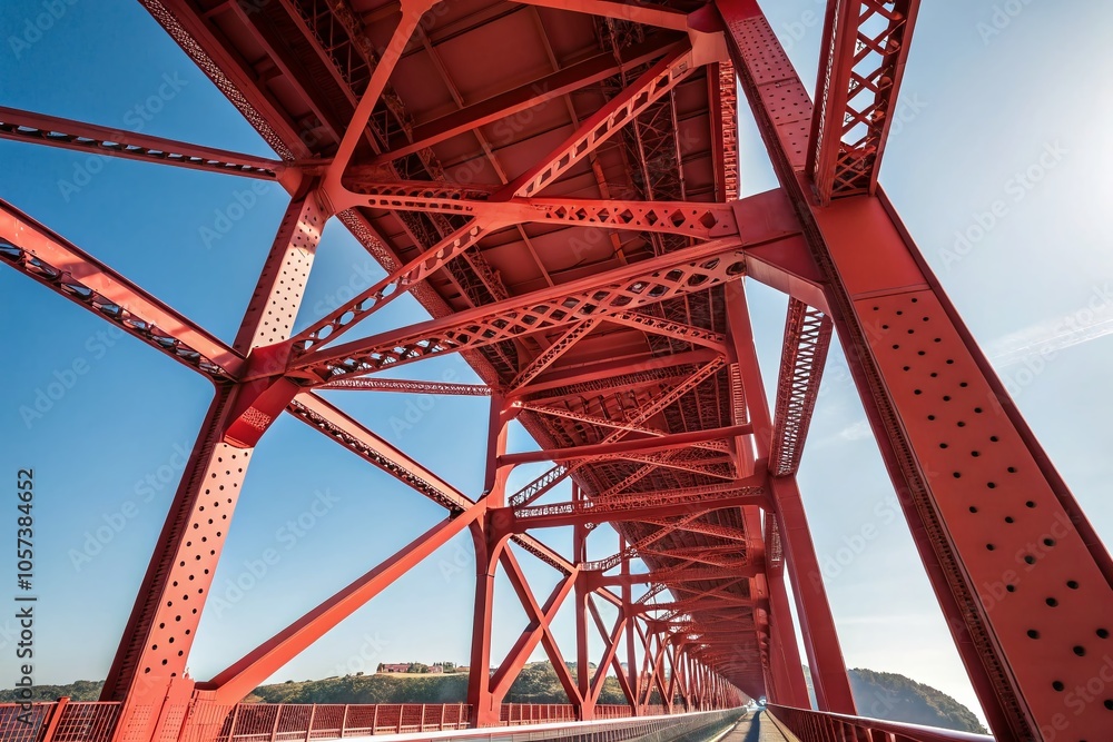 Minimalist Steel Beams of a Red Bridge Underneath, Capturing Industrial Elegance and Simplicity Minimalist Steel Beams of a Red Bridge Underneath, Capturing Industrial Elegance and Simplicity