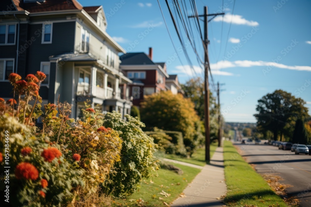 A picturesque street lined with houses and colorful flowers on a sunny day. A picturesque street lined with houses and colorful flowers on a sunny day.