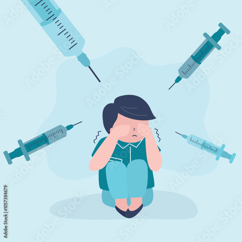 Unhappy child is afraid of injections and syringes. Boy cry under injection. Kid is afraid of doctors and clinics. Hospital pain.