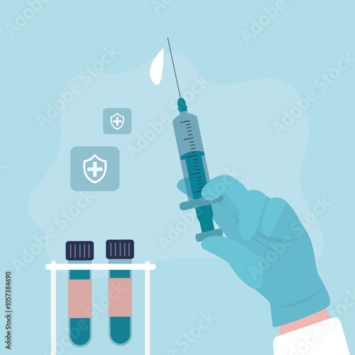 Syringe in hand, closeup view. Hand in medical glove holding syringe with vaccine or antibiotic. Vaccination or medicare concept. Injection syringe with sharp needle in hand.