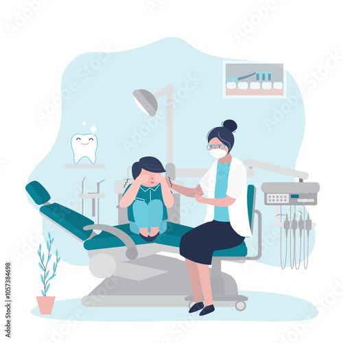 Boy afraid dentist appointment. Female character examines child teeth for caries, disease. Concept of children fears and phobias in dentistry. Dental office interior design