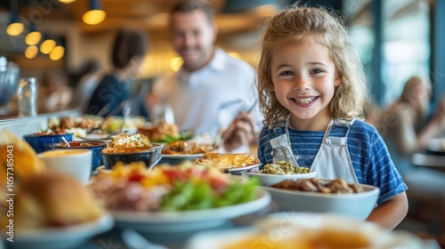 Happy young boy and girl enjoying their hotel breakfast buffet