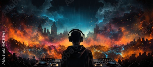 A DJ performs in front of a vibrant, apocalyptic skyline during a music festival.