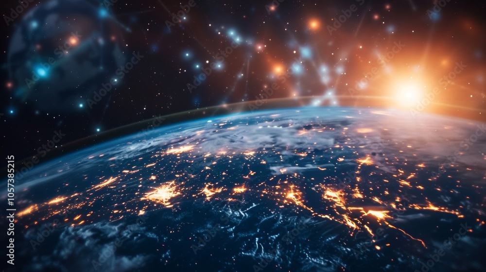 Earth from space with city lights and star connections Earth from space with city lights and star connections