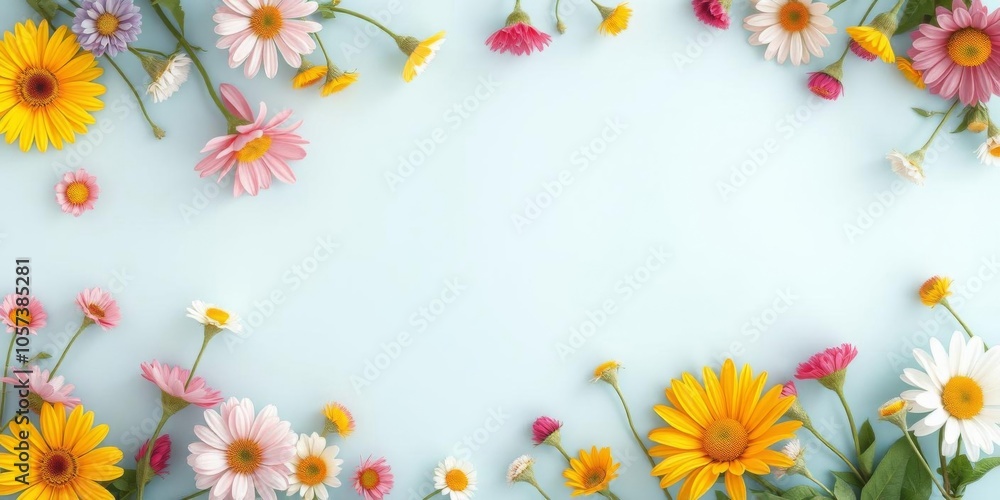 Colorful fantasy flowers surrounding blank space on light gray background, floral, background Colorful fantasy flowers surrounding blank space on light gray background, floral, background