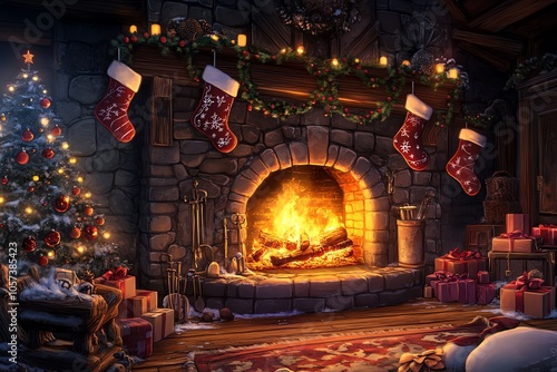 Intérieur cosy de Noël avec cheminée, chaussettes suspendues et sapin décoré