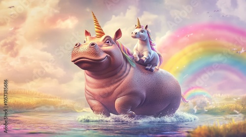 A whimsical scene featuring a unicorn riding a hippo in a colorful landscape with a rainbow and clouds.
