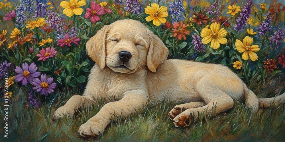 Adorable Labrador Puppy Sleeping in Vibrant Wildflower Garden with Colorful Blossoms and Green Grass - Perfect Nature and Pet Photography for Animal Lovers Adorable Labrador Puppy Sleeping in Vibrant Wildflower Garden with Colorful Blossoms and Green Grass - Perfect Nature and Pet Photography for Animal Lovers