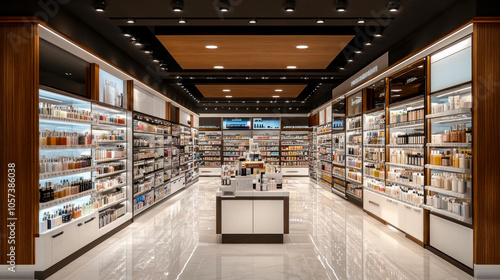 Futuristic duty free store with organic skin care products