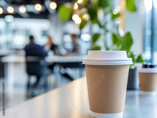 Close-up of a coffee cup with a blurred modern office setting in the background.
