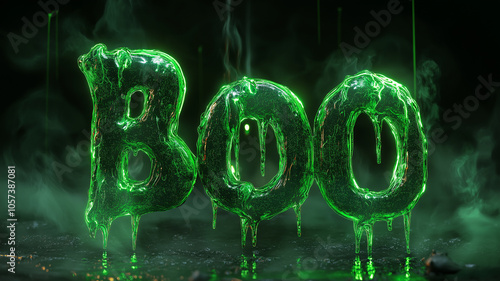 Playful green slime letters spelling BOO create an eerie atmosphere, dripping with mysterious allure. glowing effect enhances spooky vibe, perfect for Halloween photo