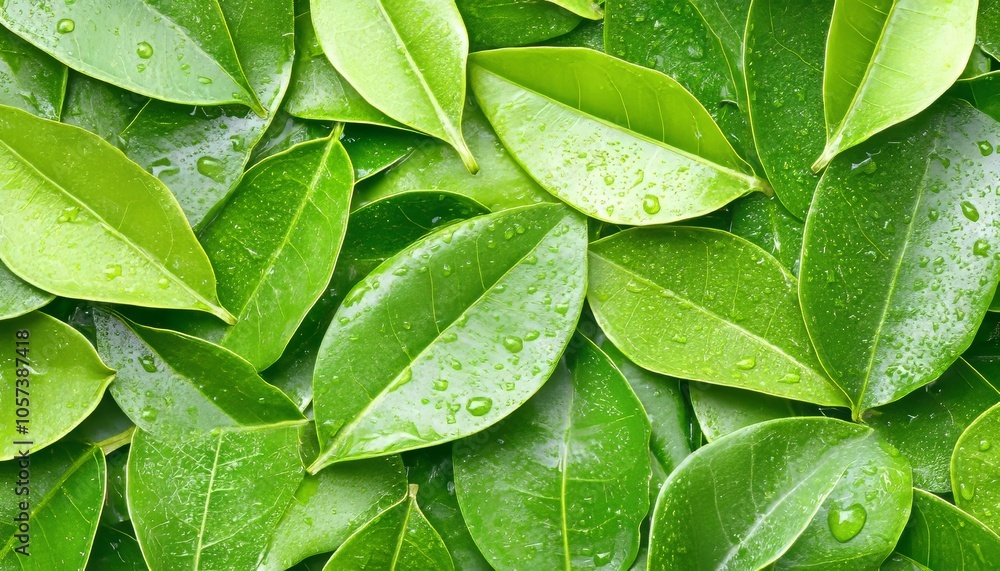 Background Of Green Leaves With Water Drops, Fresh Green Foliage Texture, Natural Pattern. Background Of Green Leaves With Water Drops, Fresh Green Foliage Texture, Natural Pattern.