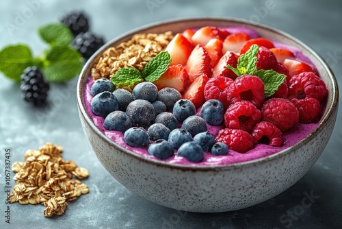 A vibrant smoothie bowl topped with fruits, granola, and mint leaves for a healthy breakfast.