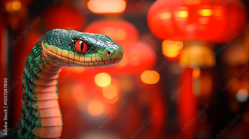 Green snake with red Chinese lanterns, New Year 2025 symbol Green snake with red Chinese lanterns, New Year 2025 symbol