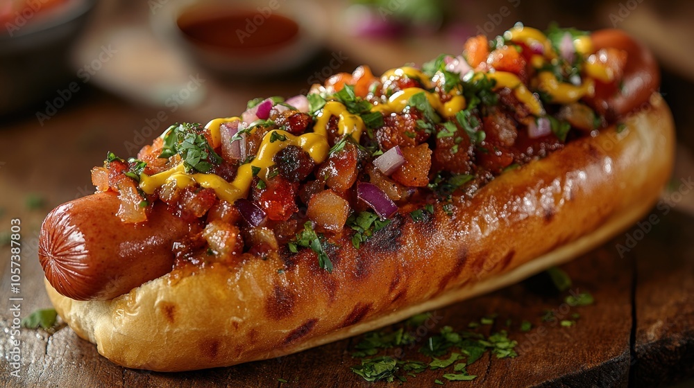 A delicious hot dog topped with salsa, mustard, and herbs, served on a wooden table. A delicious hot dog topped with salsa, mustard, and herbs, served on a wooden table.