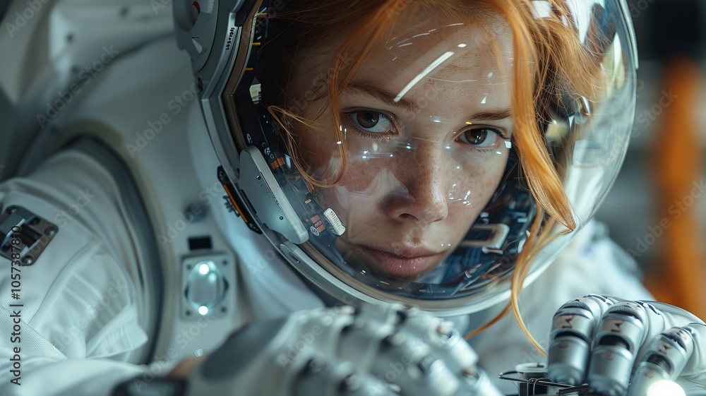 Close-up Portrait of a Female Astronaut in a Space Suit Close-up Portrait of a Female Astronaut in a Space Suit