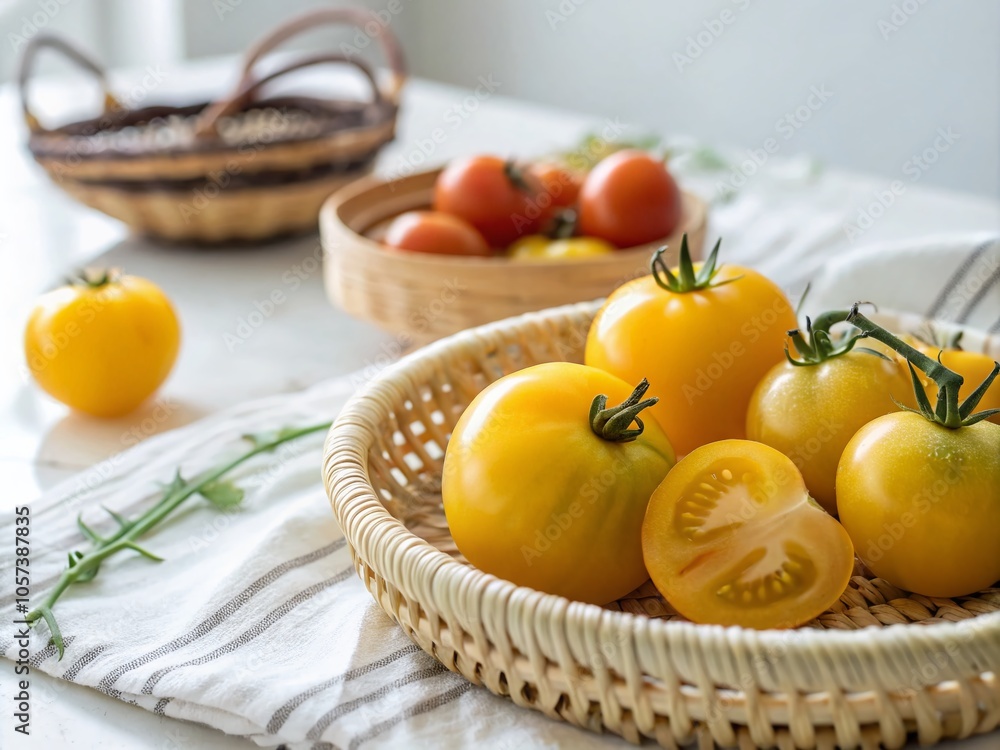 Organic Yellow Tomatoes in Natural Light - Minimalist Summer Table Scene Organic Yellow Tomatoes in Natural Light - Minimalist Summer Table Scene