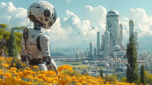 A Futuristic Cityscape with a Robot Gazing at the Skyline photo