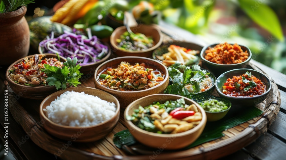 Khantoke meal with vibrant Northern Thai dishes, Khantoke meal with vibrant Northern Thai dishes,