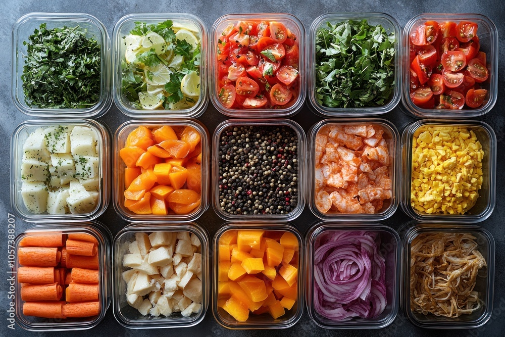A colorful array of prepped vegetables and ingredients for meal preparation. A colorful array of prepped vegetables and ingredients for meal preparation.