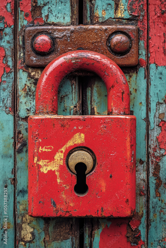 A vibrant red padlock attached to a weathered teal door reveals a rich history, reflecting age and character in an urban environment A vibrant red padlock attached to a weathered teal door reveals a rich history, reflecting age and character in an urban environment