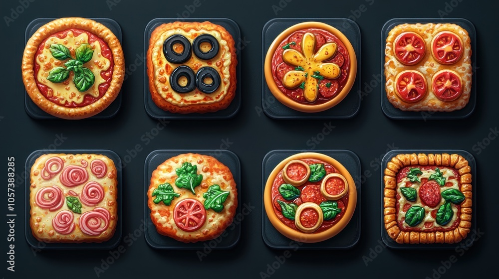 A collection of various pizzas displayed in individual containers. A collection of various pizzas displayed in individual containers.