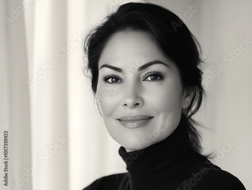A black and white photo of a woman in a black turtle neck sweater