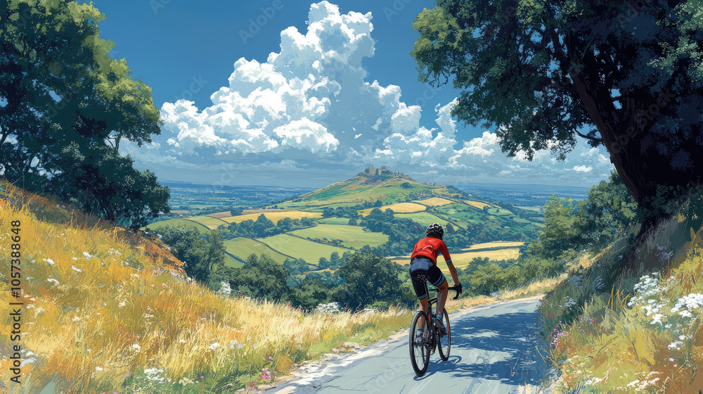 Fototapeta premium A person on a bicycle navigates a scenic route, surrounded by vibrant fields and a picturesque hill against a stunning sky