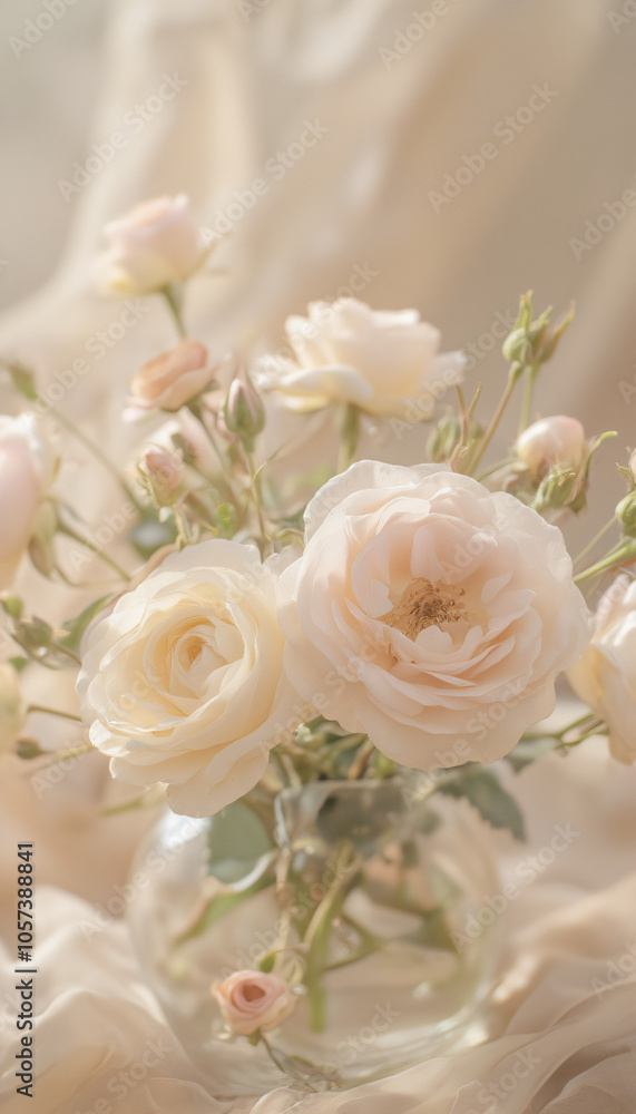 Soft Peach and White Roses in Elegant Bouquet on Cream Background Soft Peach and White Roses in Elegant Bouquet on Cream Background