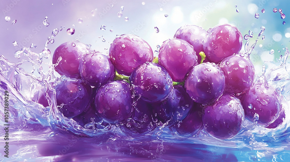 Juicy grapes bursting open with a fresh splash Juicy grapes bursting open with a fresh splash