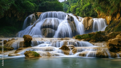 Majestic limestone waterfall, crystal-clear water cascading