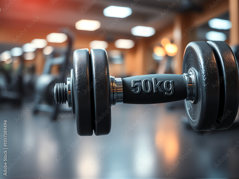 heavy 50 kg dumbbell on the gym floor, surrounded by a softly blurred backdrop of workout equipment and fitness activities heavy 50 kg dumbbell on the gym floor, surrounded by a softly blurred backdrop of workout equipment and fitness activities