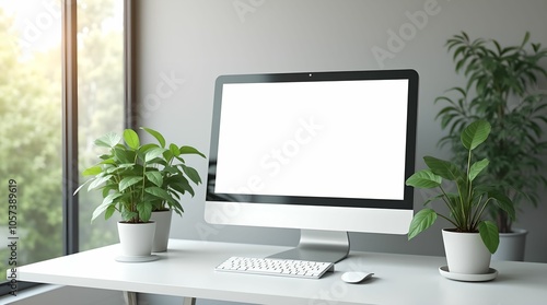 White computer screen in a modern office with plants